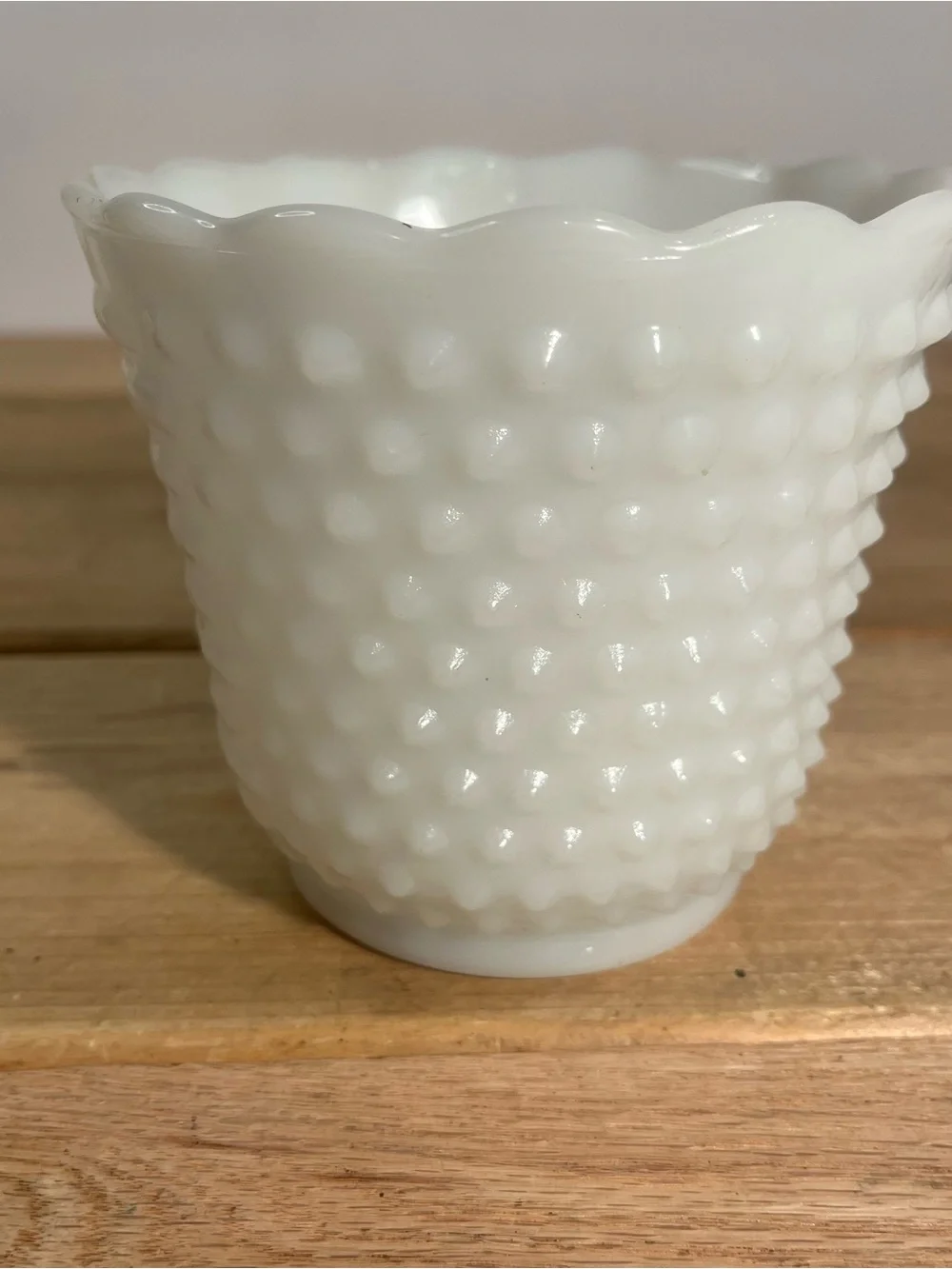 Vintage Fire King Milk Glass Hobnail & Bars Planter Vase Oven Ware 4.5” USA.